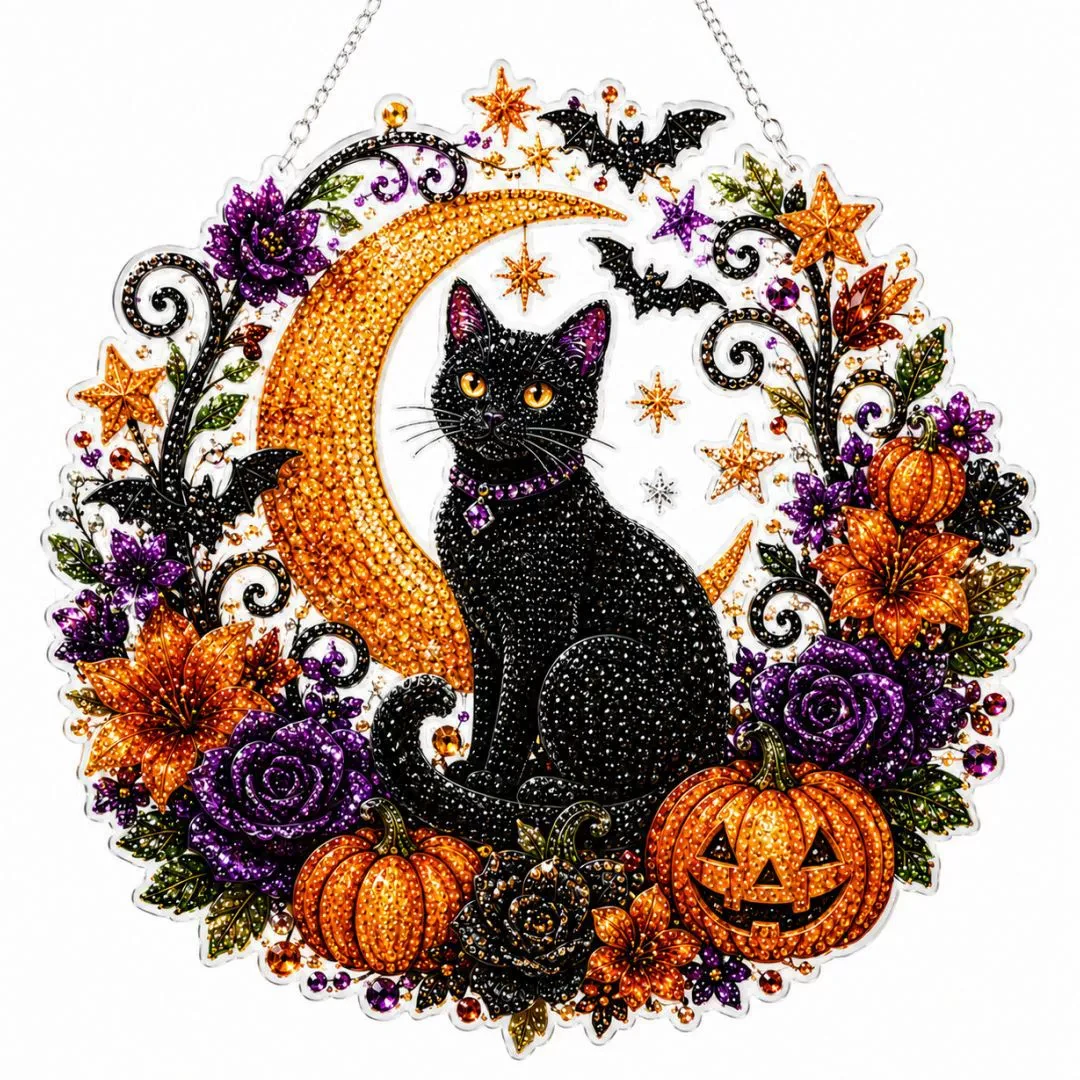 Halloween Round Pearl Art Hanging Kit - Black Cat Moon & Pumpkins product detail