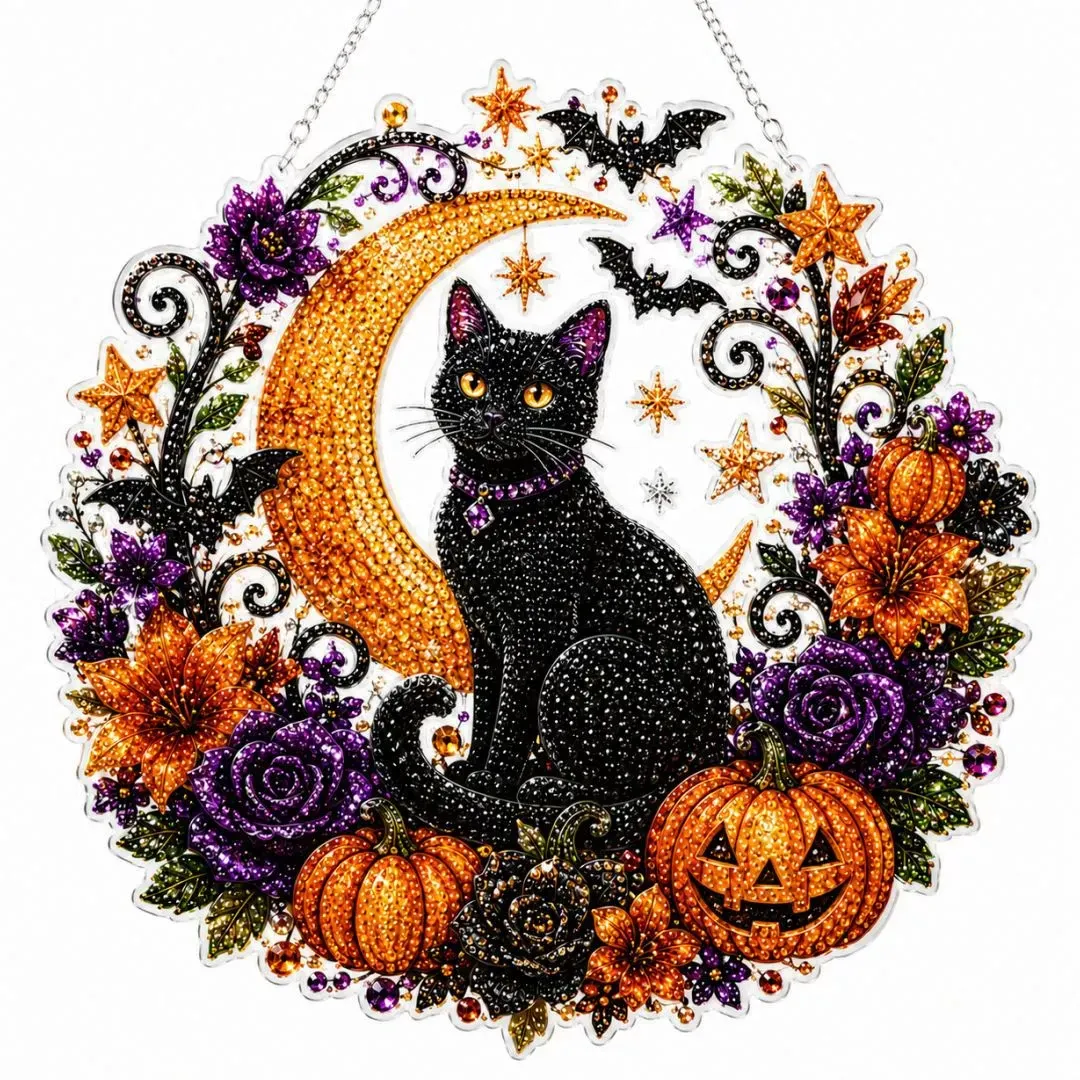 Halloween Round Pearl Art Hanging Kit - Black Cat Moon & Pumpkins product detail