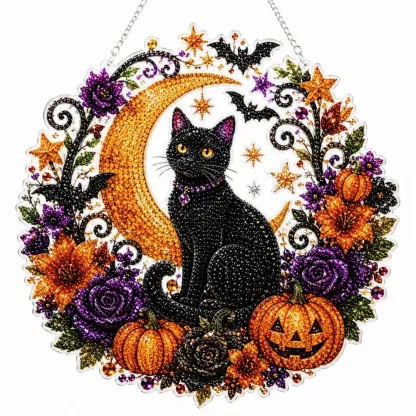 Halloween Round Pearl Art Hanging Kit - Black Cat Moon & Pumpkins product detail