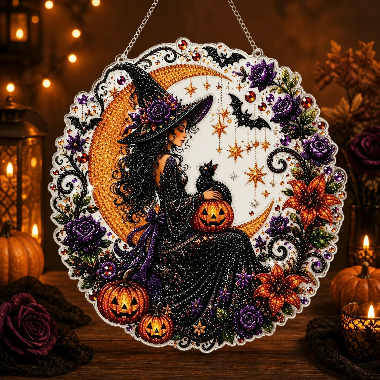 Halloween Round Pearl Art Hanging Kit - Witch, Black Cat & Pumpkins