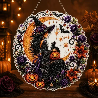Halloween Round Pearl Art Hanging Kit - Witch, Black Cat & Pumpkins