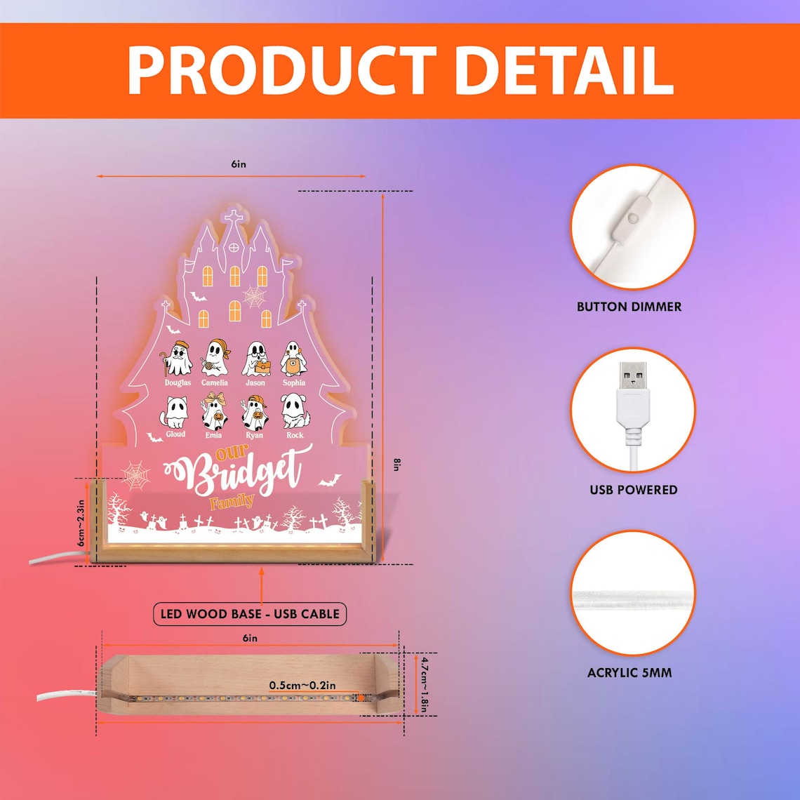 Personalized Halloween Family Desk Name Plate, Custom Ghost with Kids names Night Light, Halloween Vibes, Spooky Halloween, Fall Decor Sign image 7