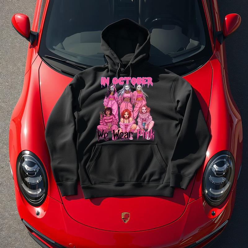In October We Wear Pink Halloween Hoodie - Cute Horror Characters Graphic Tee & Crewneck