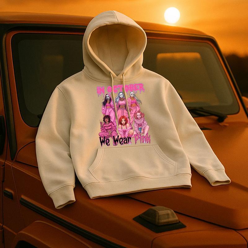 In October We Wear Pink Halloween Hoodie - Cute Horror Characters Graphic Tee & Crewneck
