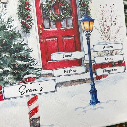 Custom Christmas Door Print Family Name Wall Art Winter Watercolor Canvas