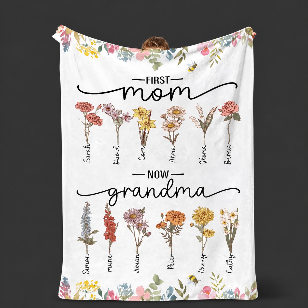 First Mom Now Grandma - Birth Flower Family Customized Blanket