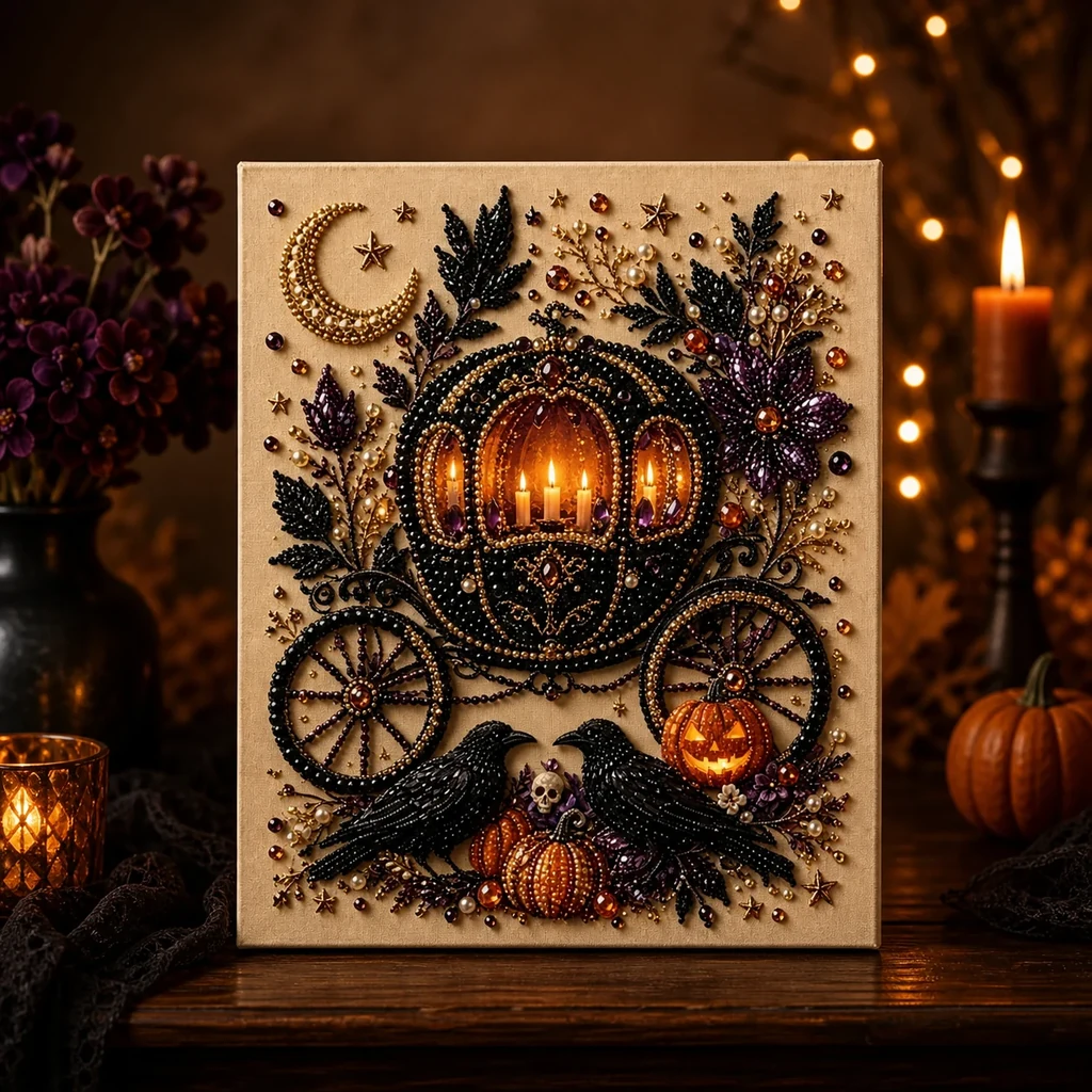 Framed Halloween Pumpkin Carriage Pearl Art DIY Kit