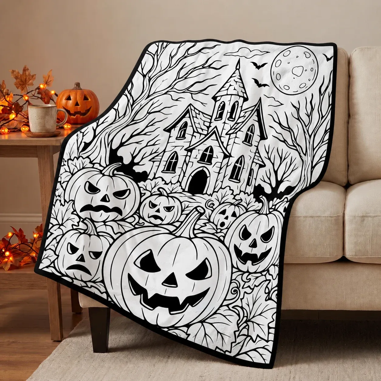 Halloween Coloring Blanket - Pumpkin Haunted House