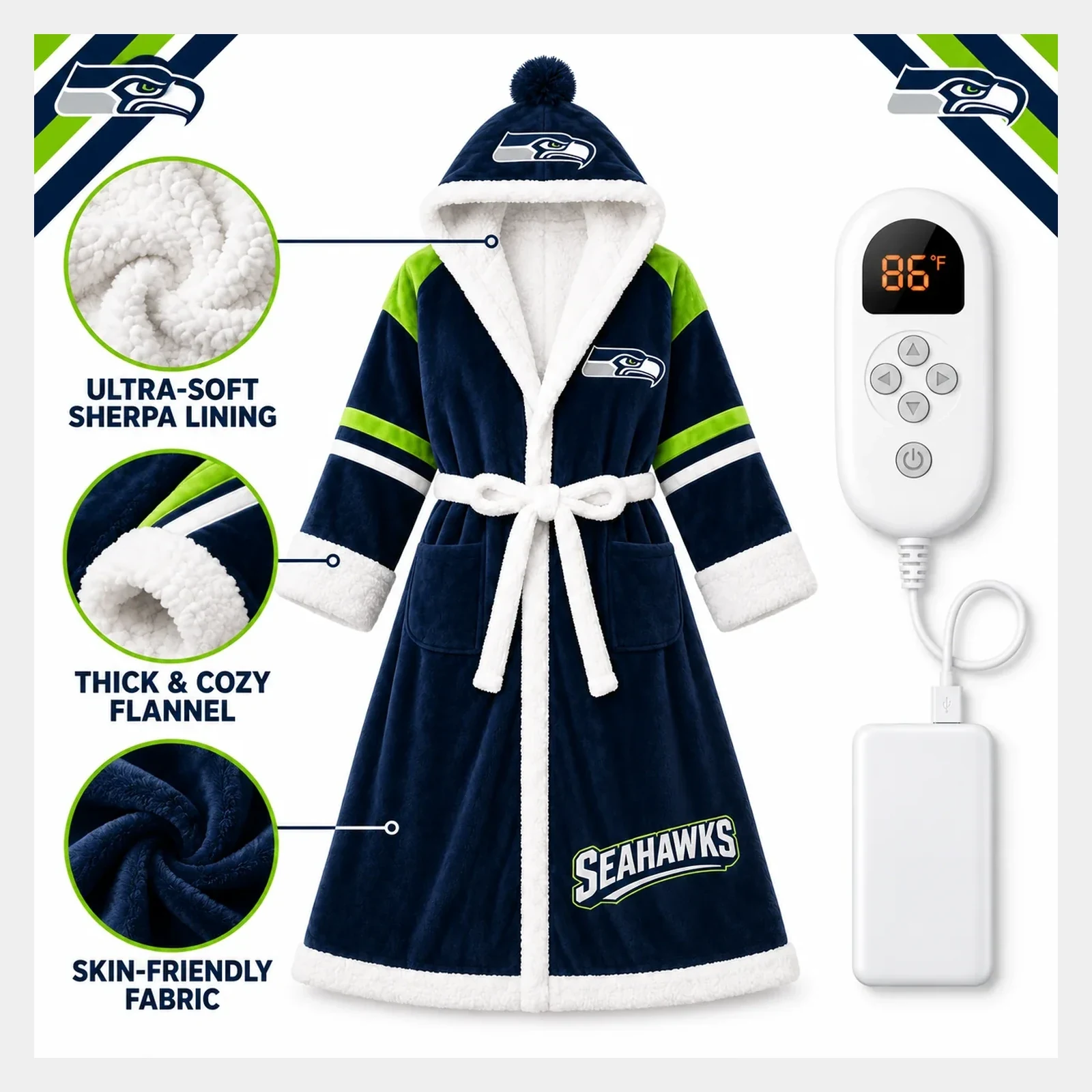 Seahawks USB heated sherpa football robe
