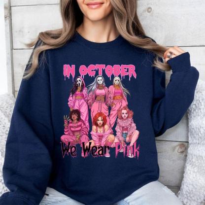 In October We Wear Pink Halloween Hoodie - Cute Horror Characters Graphic Tee & Crewneck
