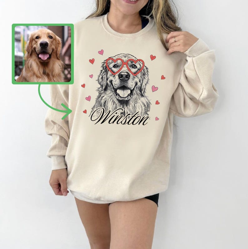Custom Pet Photo Sweatshirt – Personalized Heart Glasses Sketch Pullover