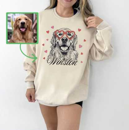 Custom Pet Photo Sweatshirt – Personalized Heart Glasses Sketch Pullover