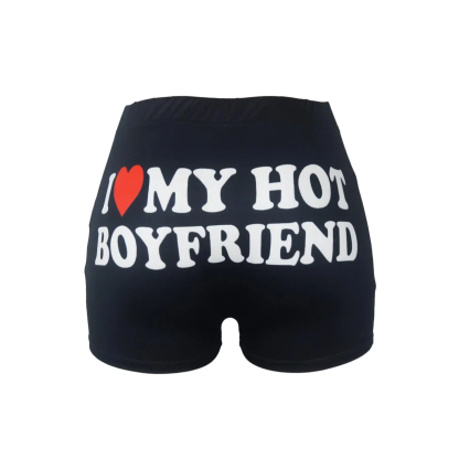 Women's "I LOVE MY HOT BOYFRIEND" Letter & Heart Print Elastic Waist Shorts, Casual Comfy Breathable Skinny Shorts for Yoga Gym Workout Back to School, Ladies Bottoms for All Seasons