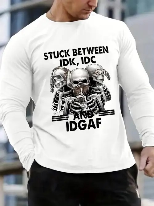 “IDK IDC IDGAF” Skull Graphic Tee | Gen Z Sarcastic Streetwear