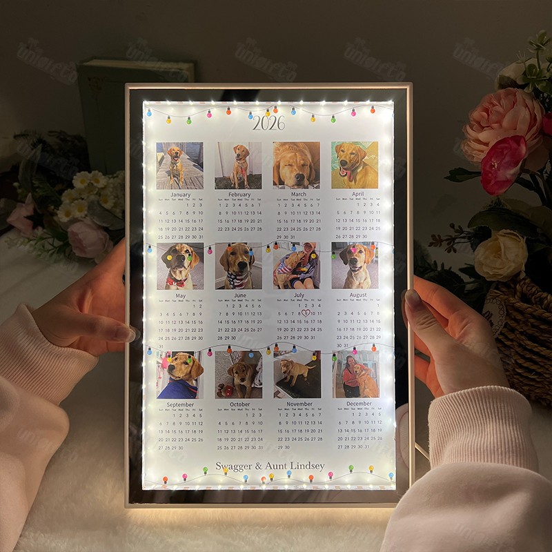 Custom Photo 2026 Calendar Mirror Lamp – Personalized Pet/Portrait LED Calendar Light