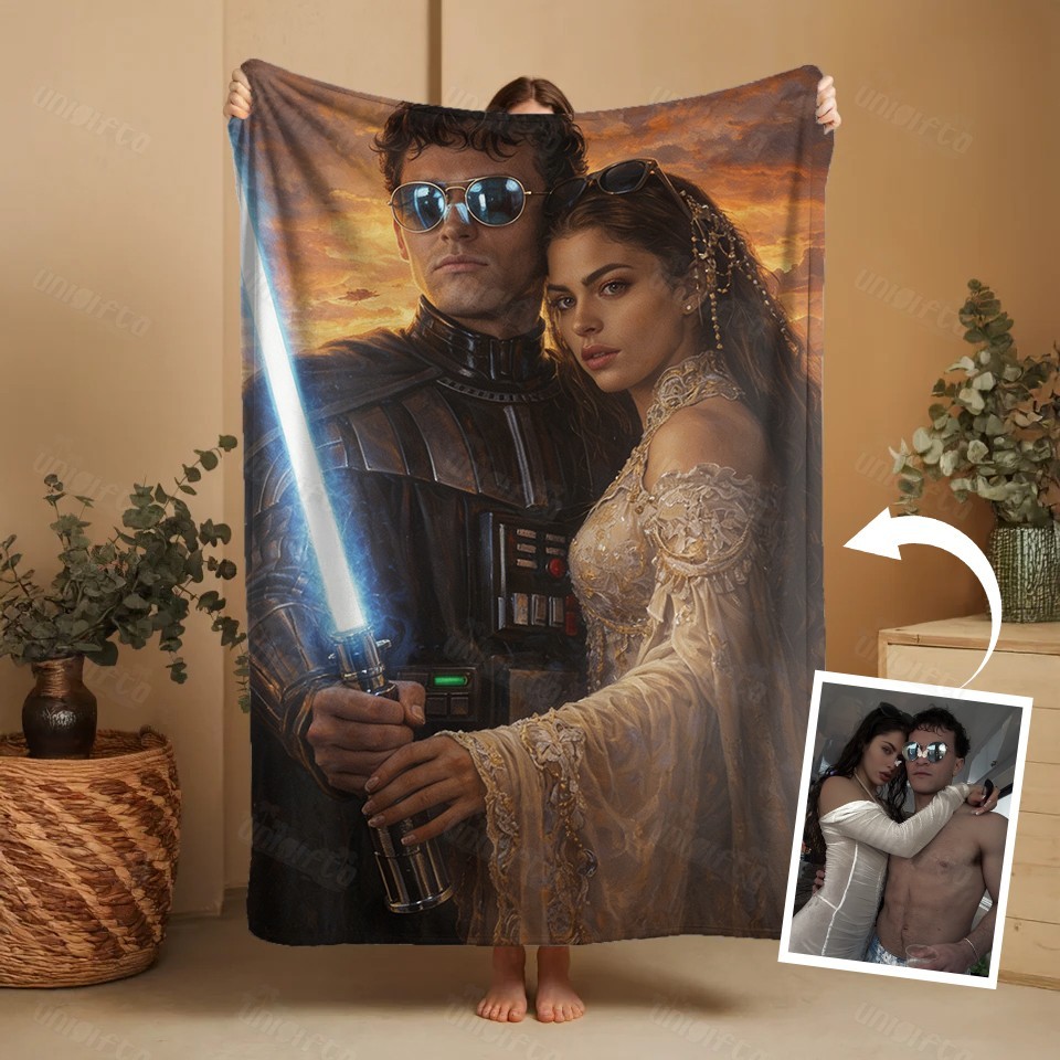 Custom Lightsaber Galactic Hero Couple Family Portrait Blanket Gift