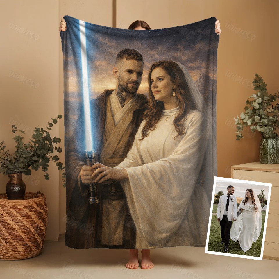 Custom Lightsaber Galactic Hero Couple Family Portrait Blanket Gift