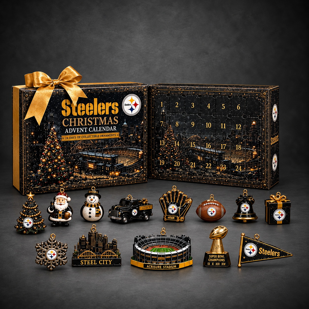 Pittsburgh Steelers Merch Christmas Advent Calendar 2026 Gift For Football Fans dark gray studio background