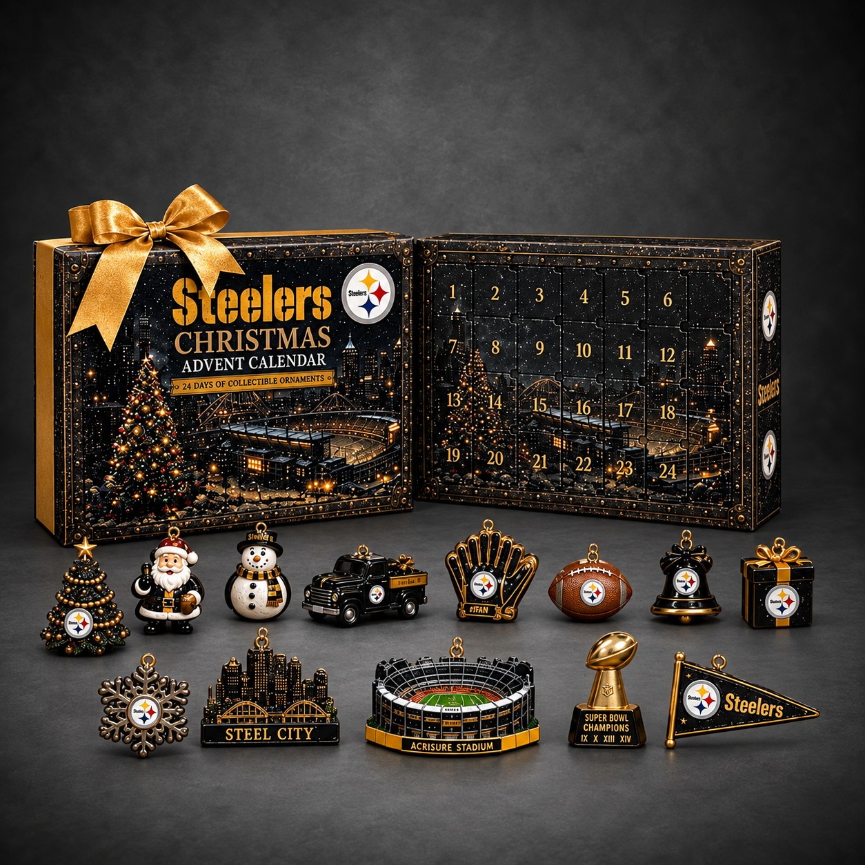 Pittsburgh Steelers Merch Christmas Advent Calendar 2026 Gift For Football Fans dark gray studio background