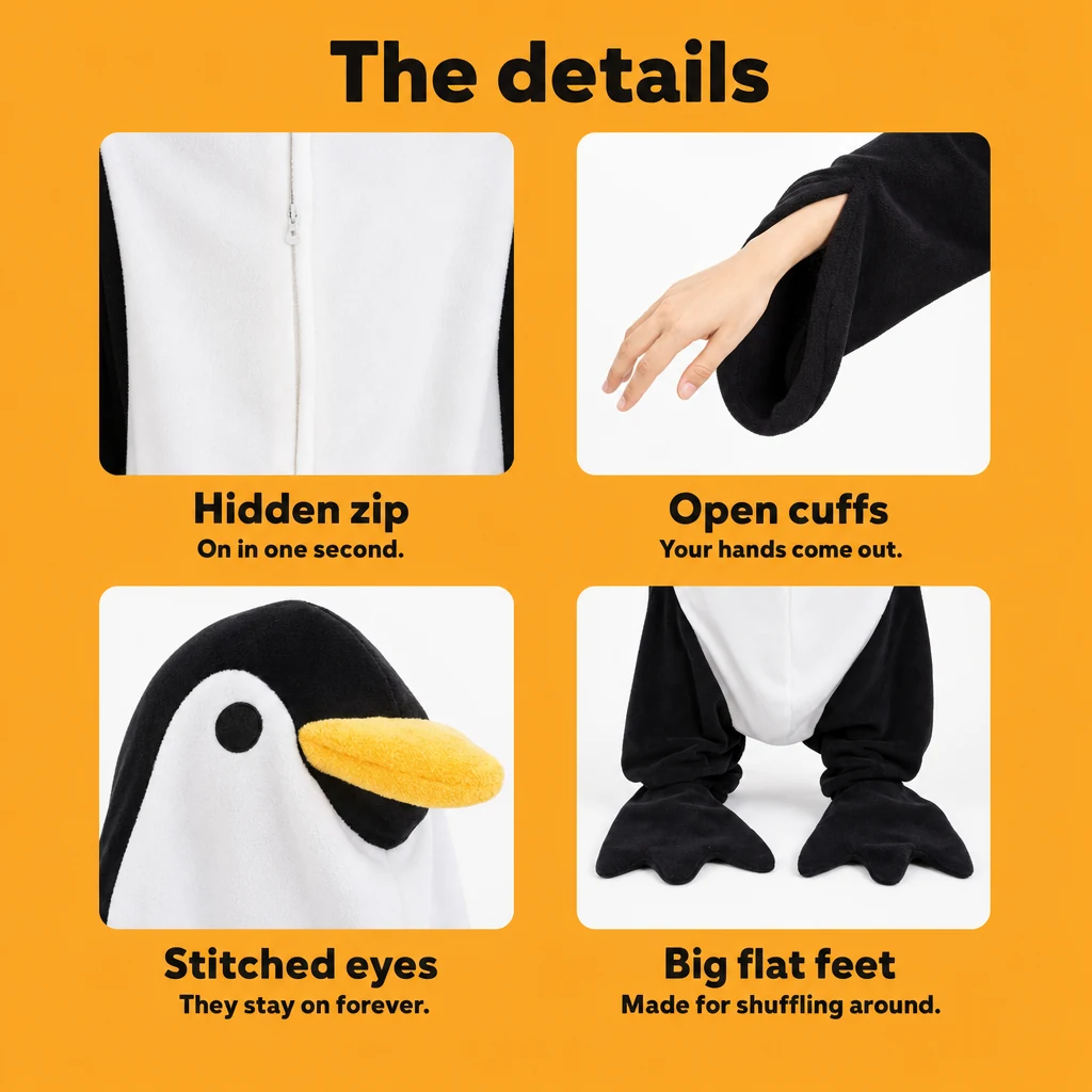 Penguin onesie zipper cuffs eyes and feet details