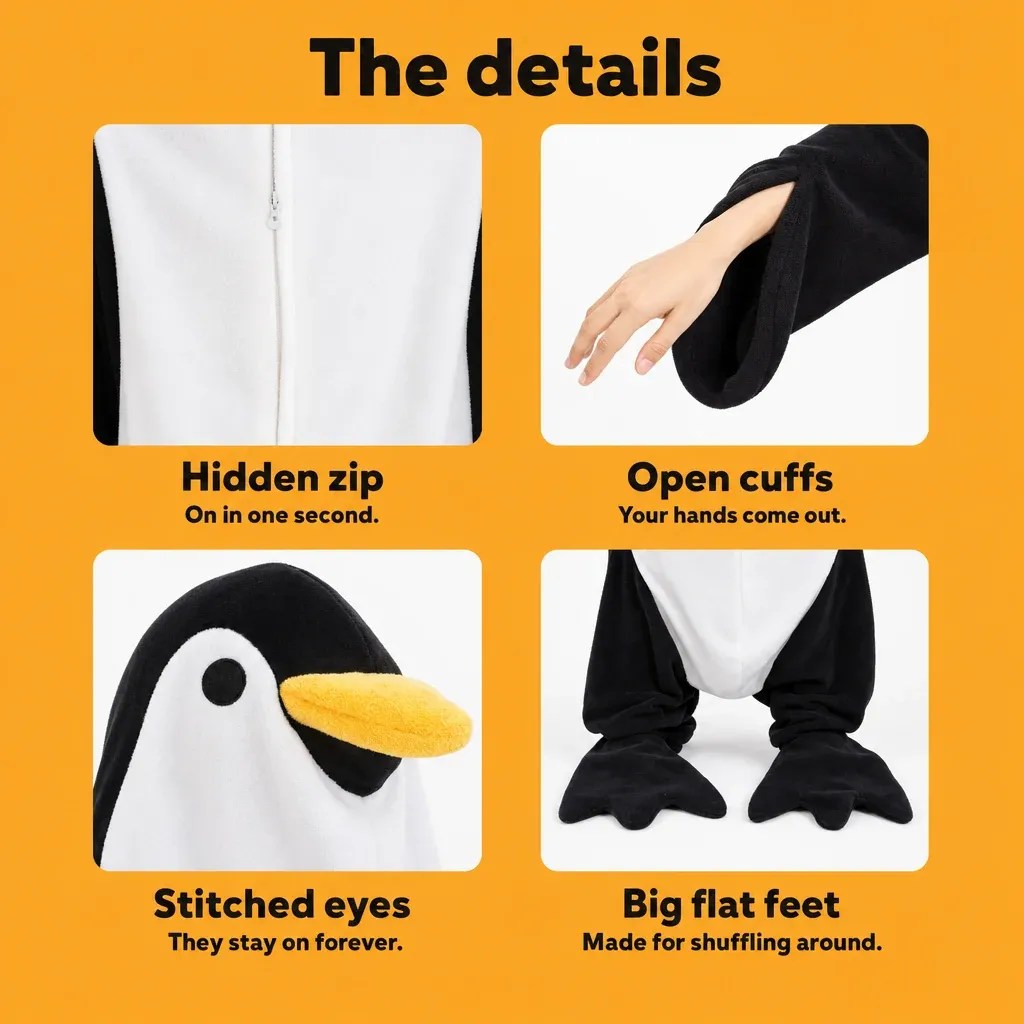 Penguin onesie zipper cuffs eyes and feet details