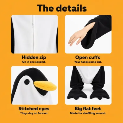 Penguin onesie zipper cuffs eyes and feet details