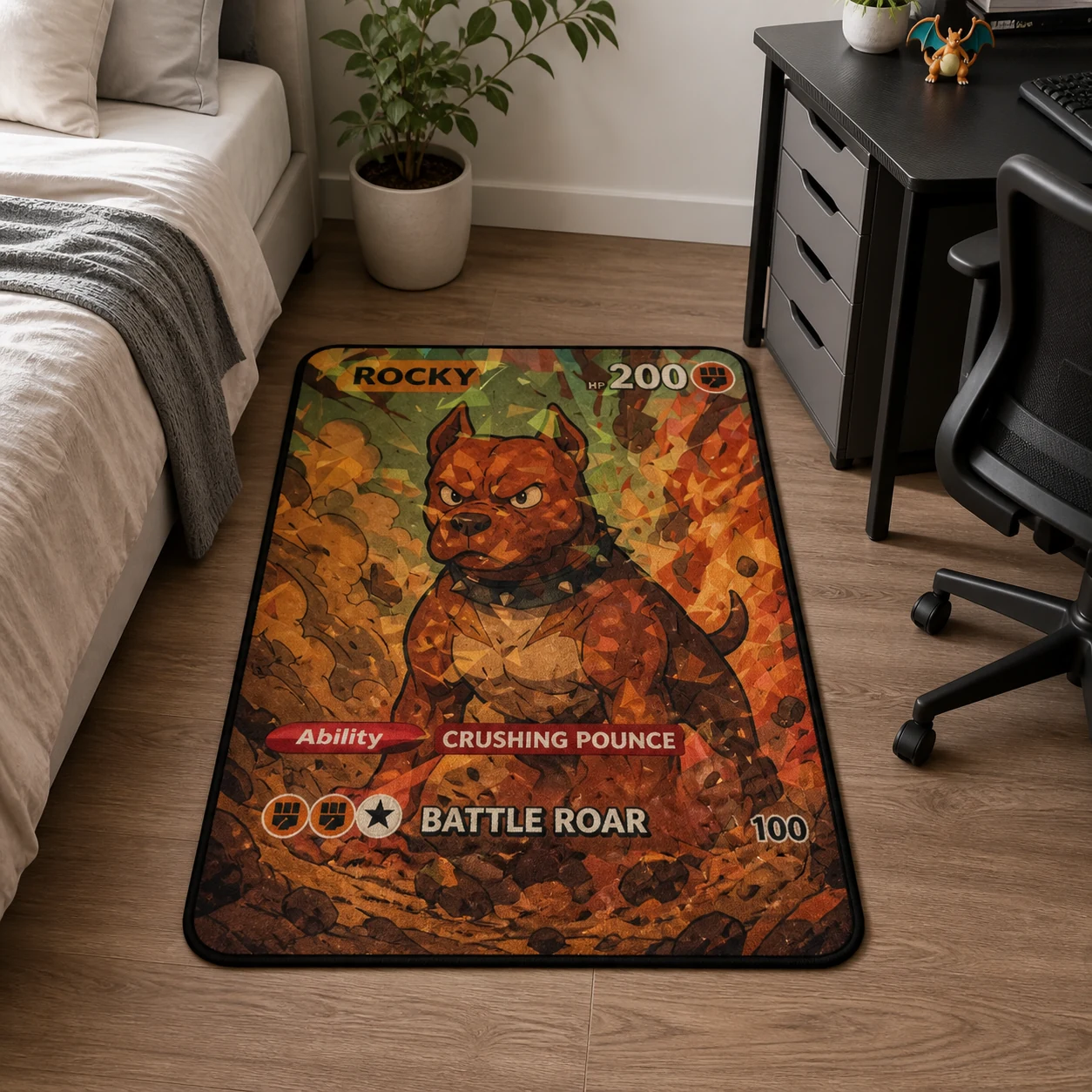 Custom Multi-Attribute VSTAR Pet Rug styled in a bedroom and gaming space