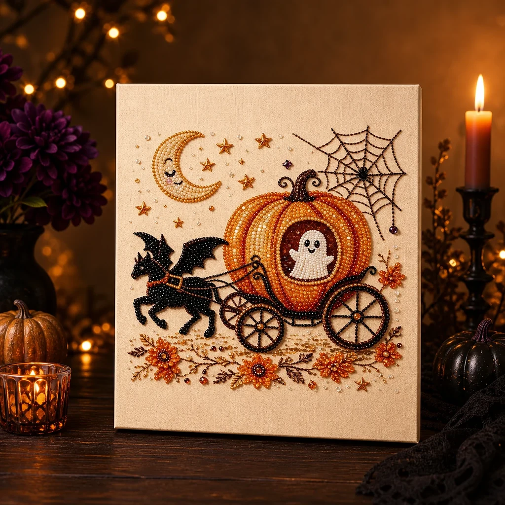 Framed Halloween Ghost Pumpkin Carriage Pearl Art DIY Kit