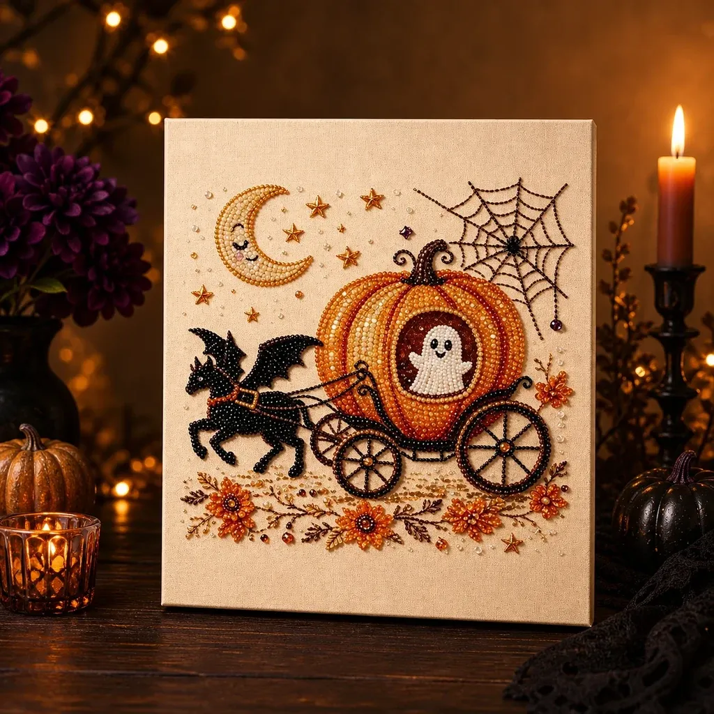 Framed Halloween Ghost Pumpkin Carriage Pearl Art DIY Kit