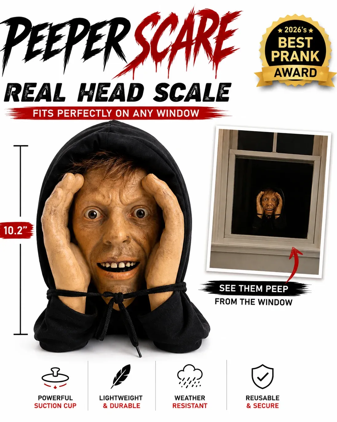 Peeper Scare Halloween Window Peeper – Real Head Scale Prank Prop