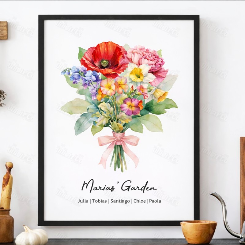 Birth Flower Family Bouquet Custom Names Frame