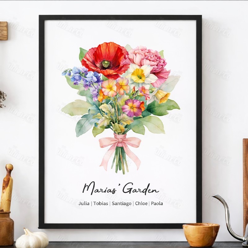 Birth Flower Family Bouquet Custom Names Frame