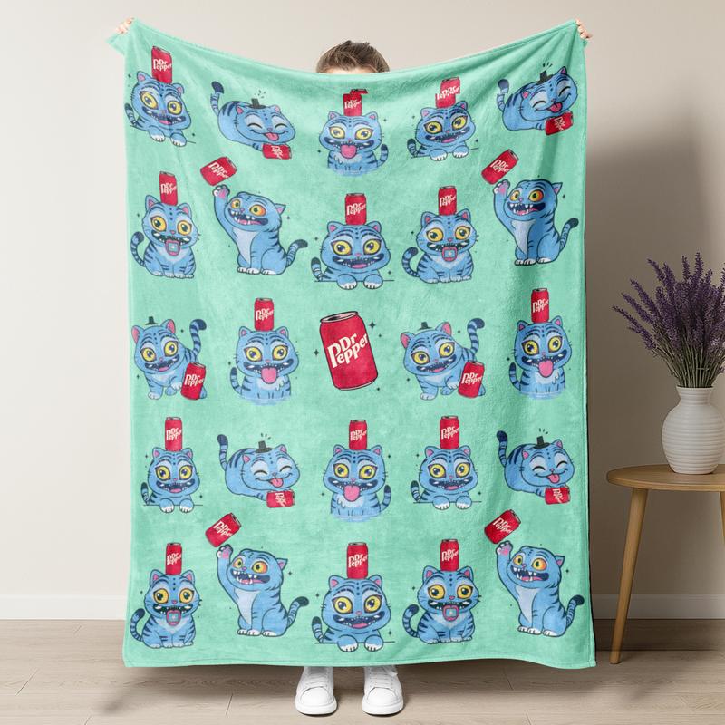 Dr Pepper Cute Cartoon Cat Graphic Blanket (Multiple Colors)