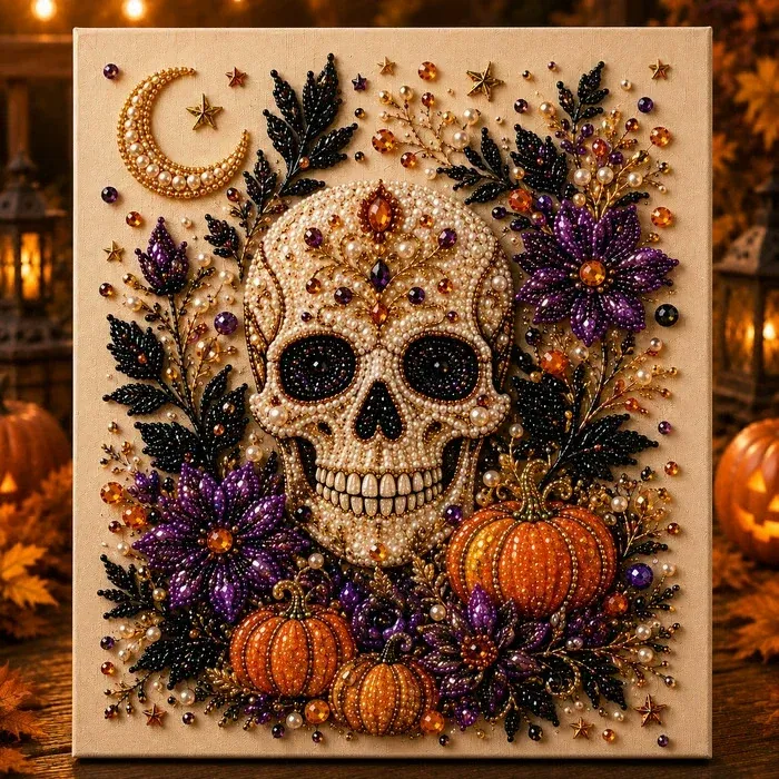 Framed Halloween Skull & Pumpkin Pearl Art DIY Kit