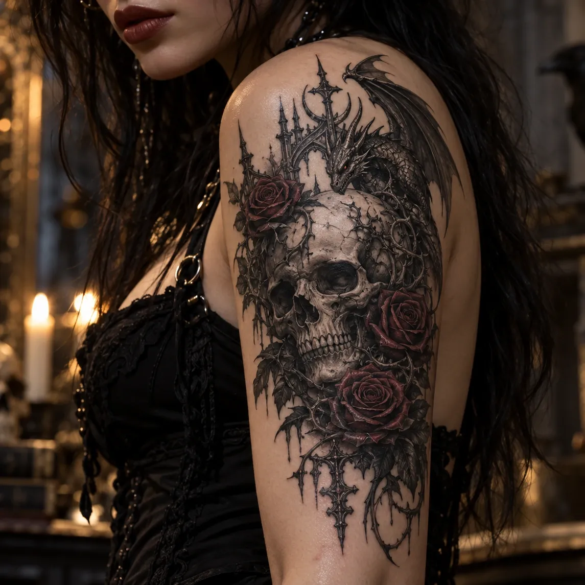Custom Gothic Horror Fantasy Skull Temporary Tattoo
