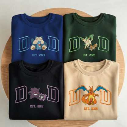 Custom PokaDad Embroidered Sweatshirt – Personalized Pokémon-Style Dad Shirt with Anime Character