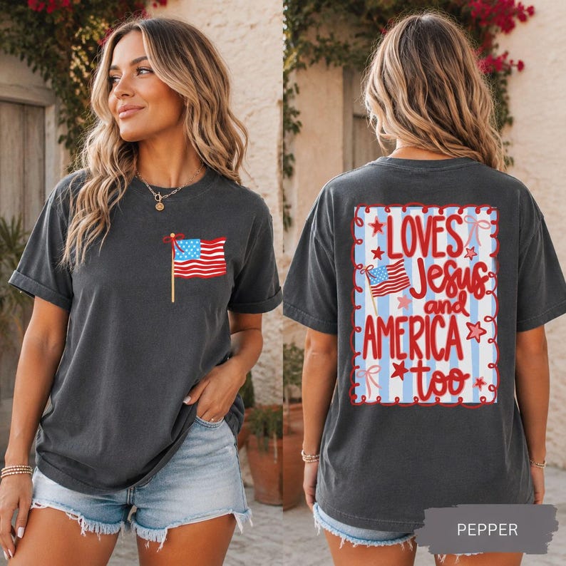 Loves Jesus & America Too Tee — Coquette Bow Patriotic Shirt