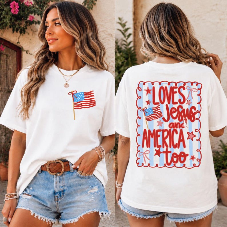 Loves Jesus & America Too Tee — Coquette Bow Patriotic Shirt