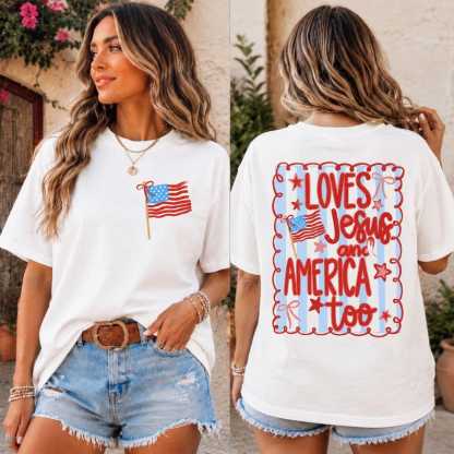 Loves Jesus & America Too Tee — Coquette Bow Patriotic Shirt