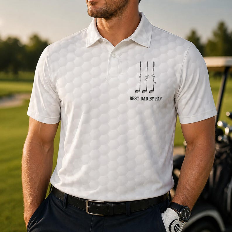 Personalized "Best Dad By Par" Performance Golf Polo - Custom Names & Golf Ball Texture