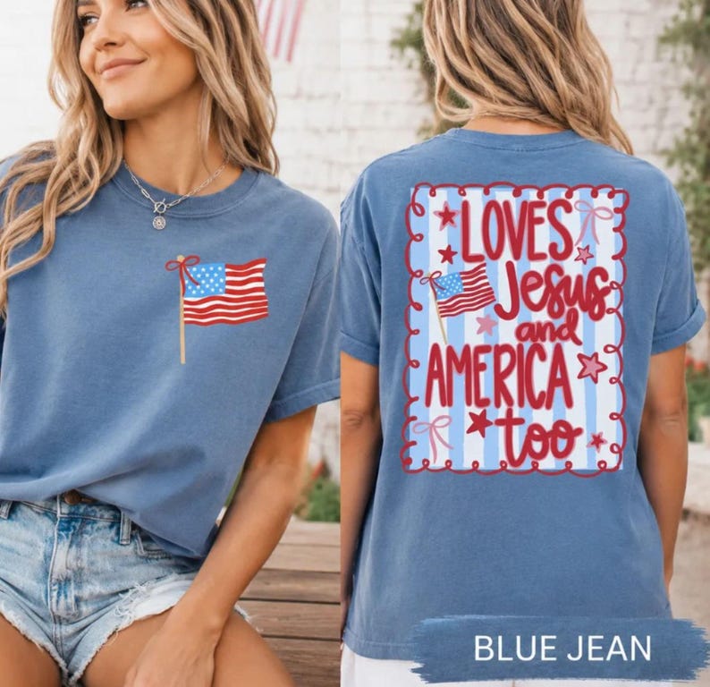 Loves Jesus & America Too Tee — Coquette Bow Patriotic Shirt