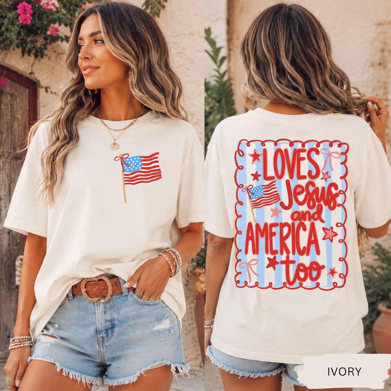 Loves Jesus & America Too Tee — Coquette Bow Patriotic Shirt
