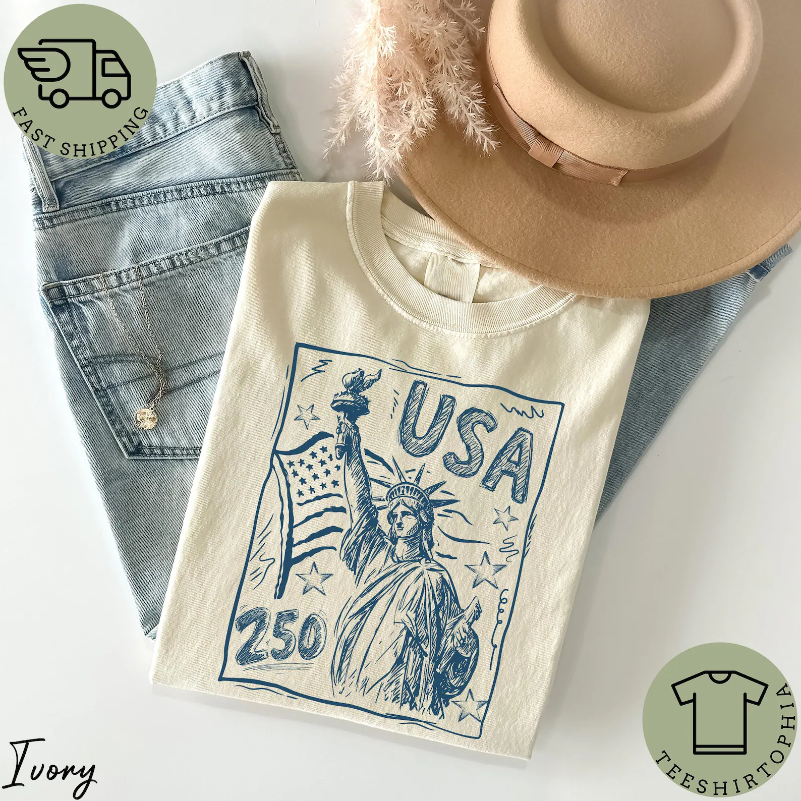 USA 250th Anniversary Statue of Liberty Vintage Graphic Tee – Retro Patriotic Sketch Shirt