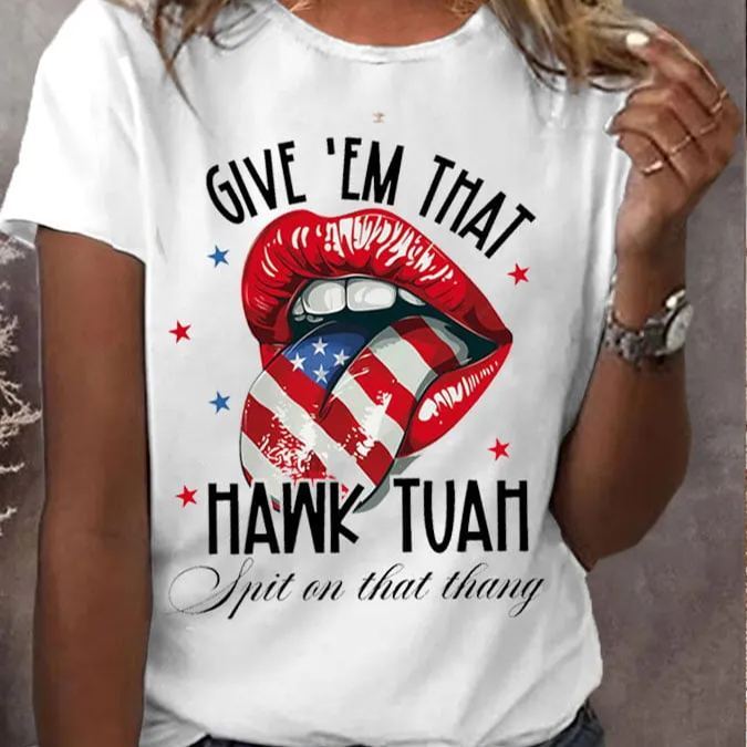 Women's Hawk Tuah Spit On That Thing Print Crew Neck T-Shirt