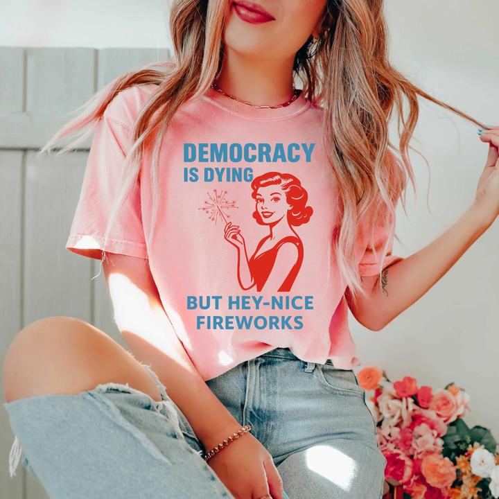 “Political Satire” Democracy & Fireworks Retro Tee | USA Humor Shirt
