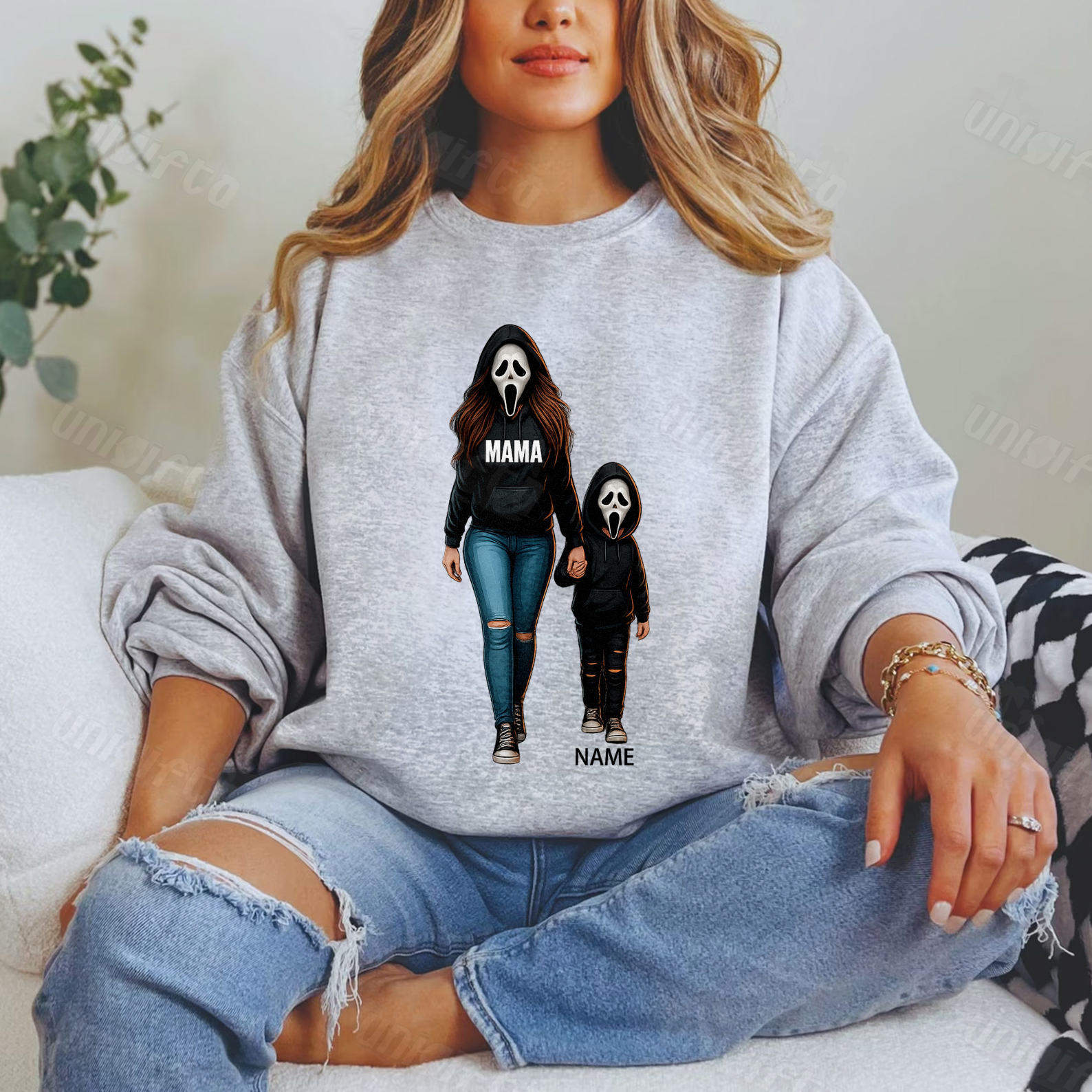 Halloween Horror Mama Custom Kid Name Sweatshirt