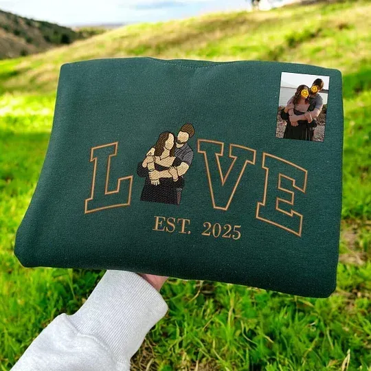 Personalized Embroidered Photo Couple LOVE Est Year Sweatshirt