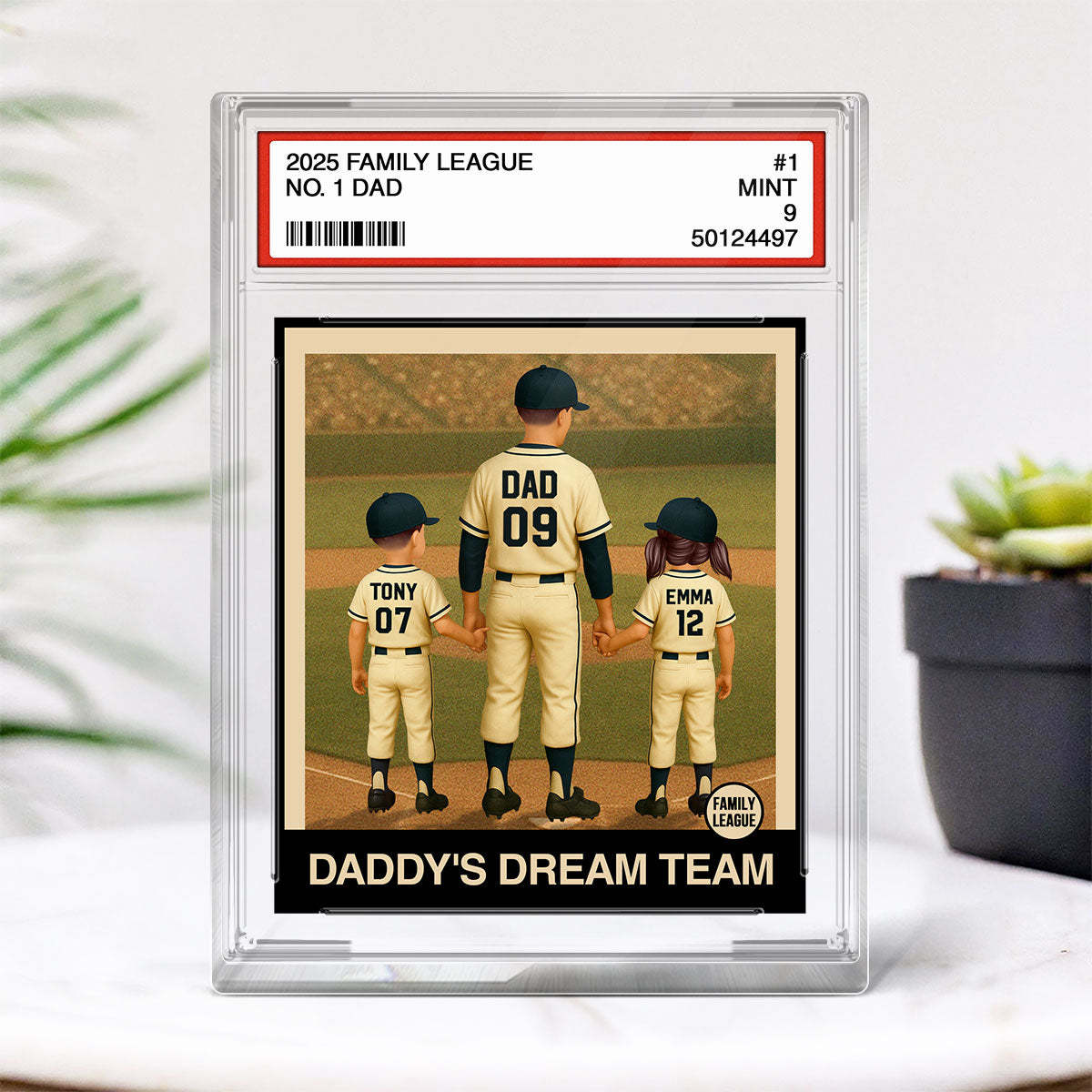 Baseball No. 1 Dad Grandpa Man & Kids Trading Card Style Personalized Acrylic Block Plaque