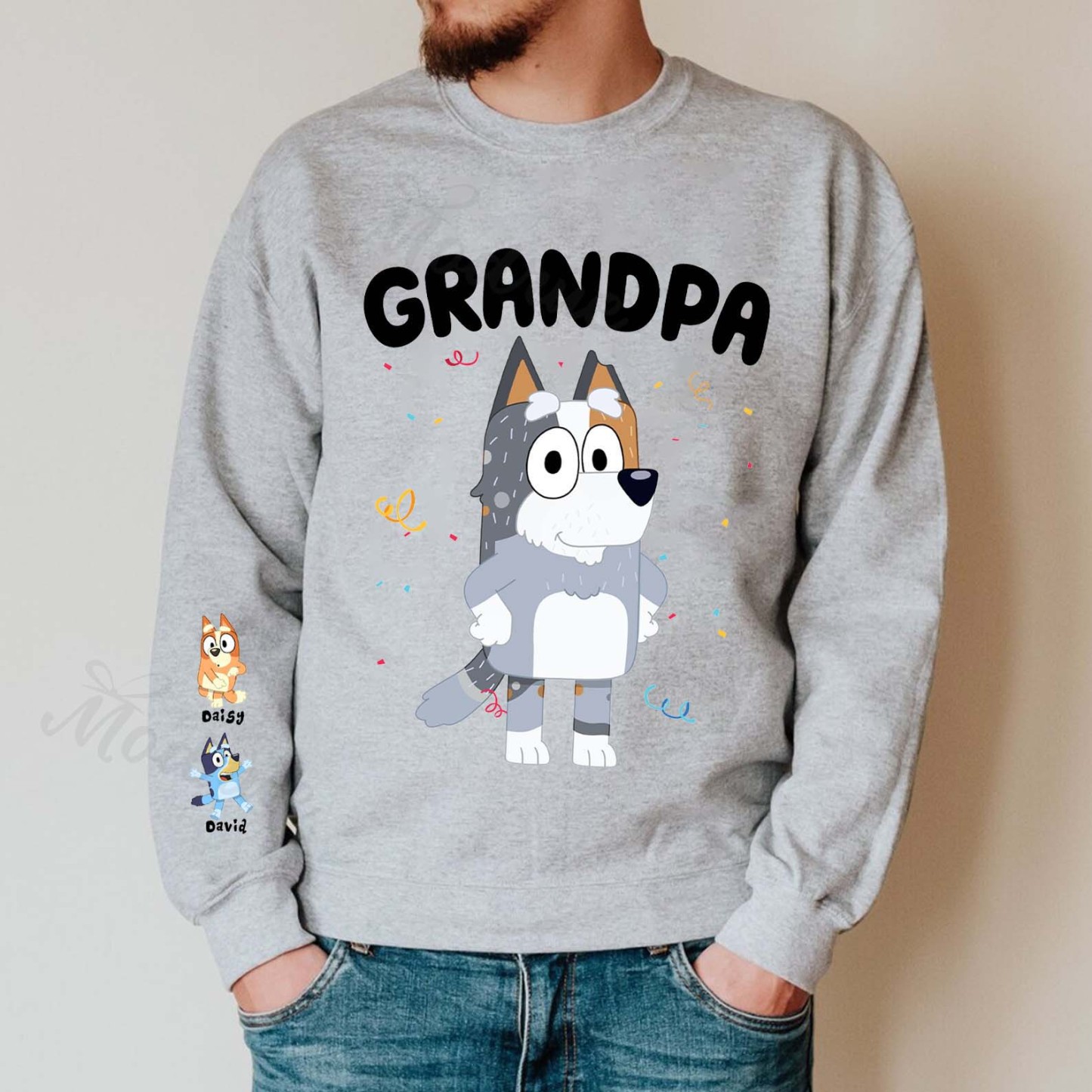 Custom Cartoon PAPA Sweatshirt with Kid's Name on Sleeve