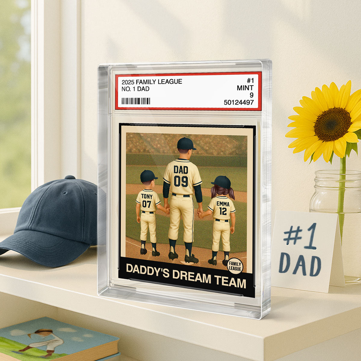 Baseball No. 1 Dad Grandpa Man & Kids Trading Card Style Personalized Acrylic Block Plaque